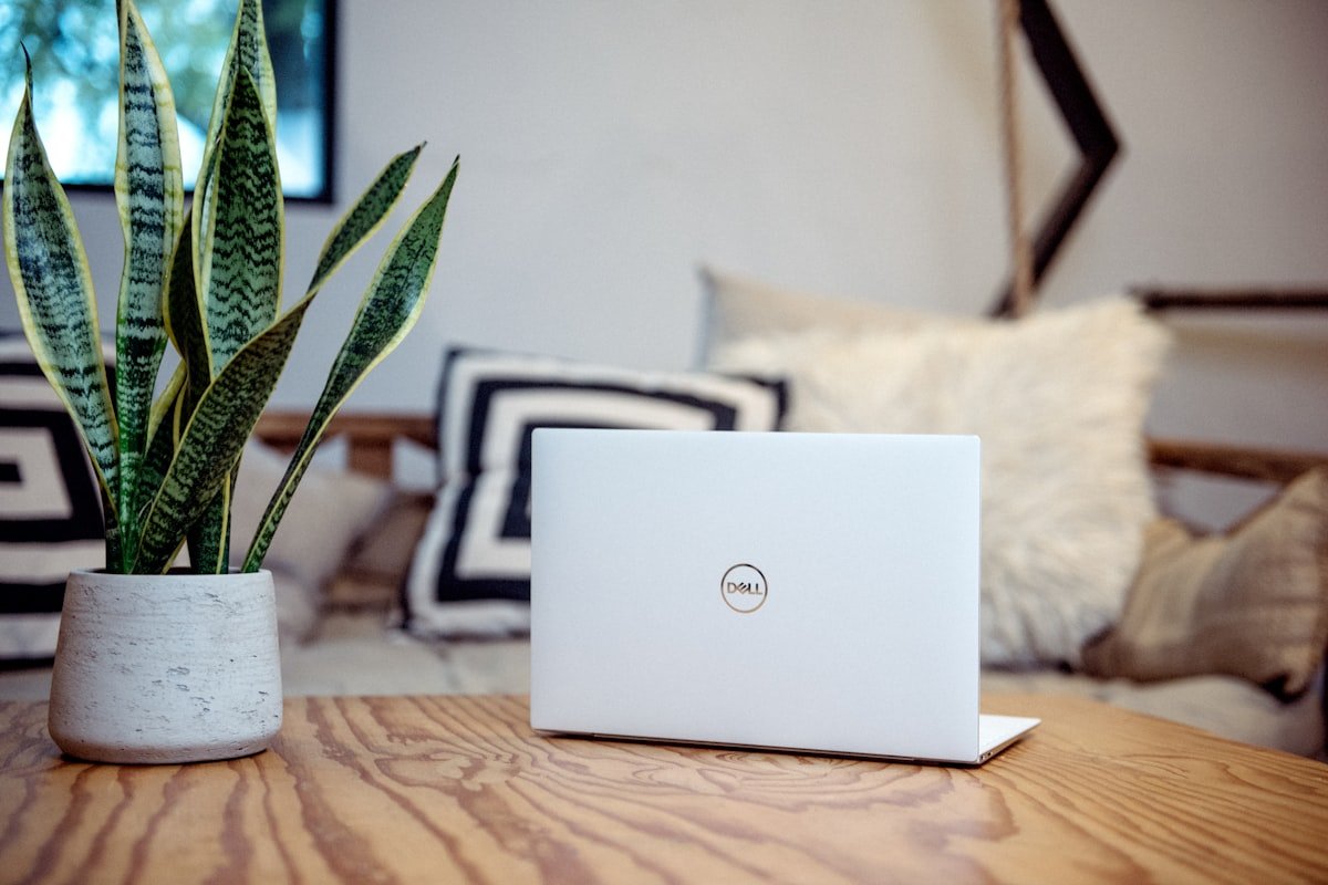 A laptop open on a table in a calm, plant-filled home, ready for an online therapy session